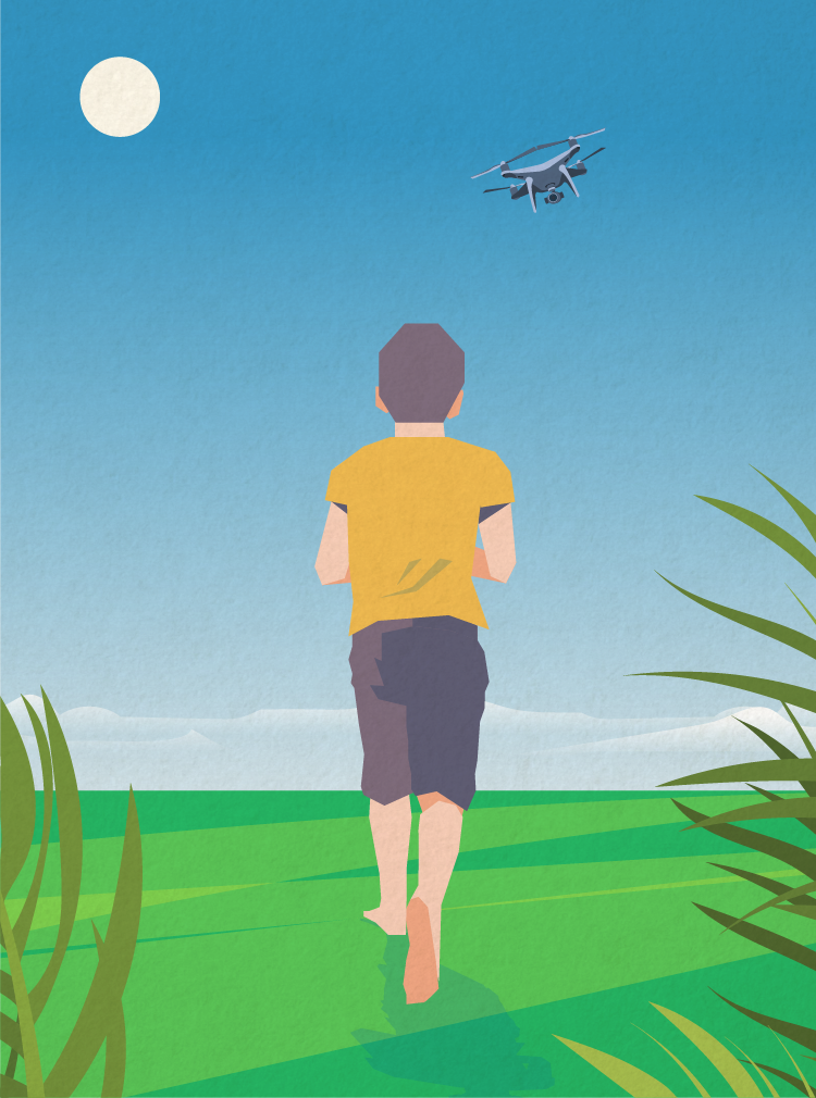 boy running after drone