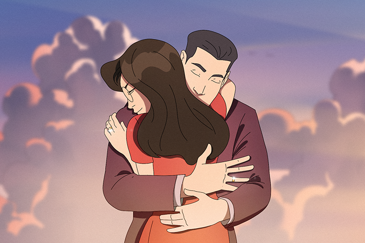 a man hugs girl on the background of clouds